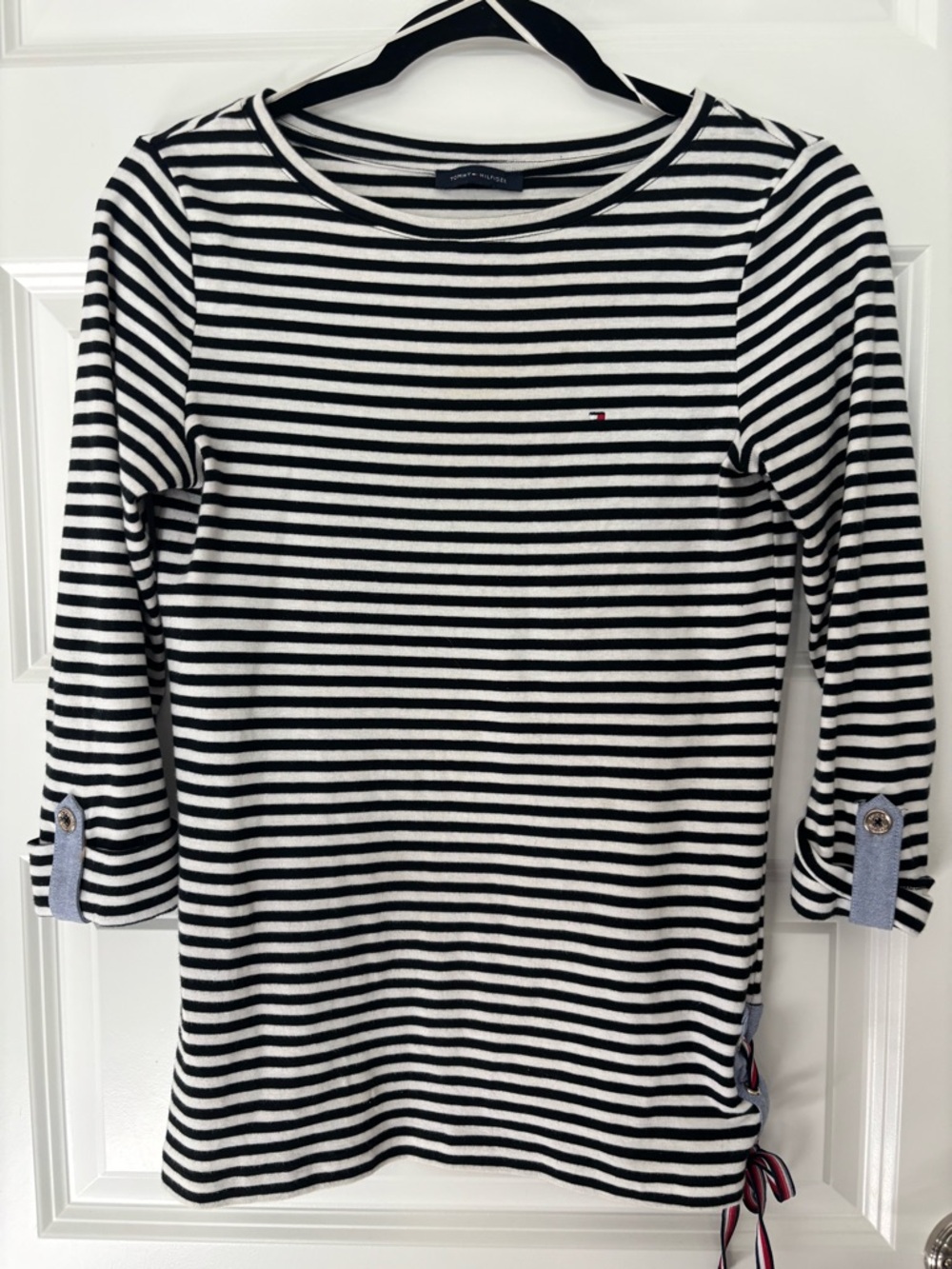 Tommy Hilfiger Striped Top Black White 3/4 Sleeve, Size S (See measurements)